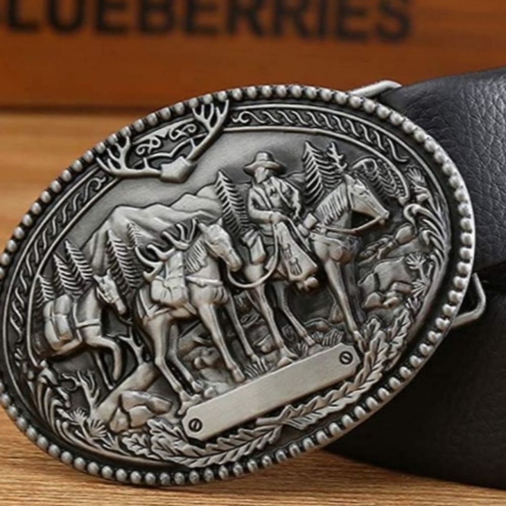New Cowboy and pack horses horseback belt buckle